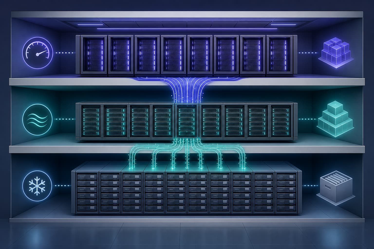 Schematic of a data center tiered storage architecture: hot data enters the high-performance tier, warm data enters the capacity tier, and archived data enters the low-frequency access tier.