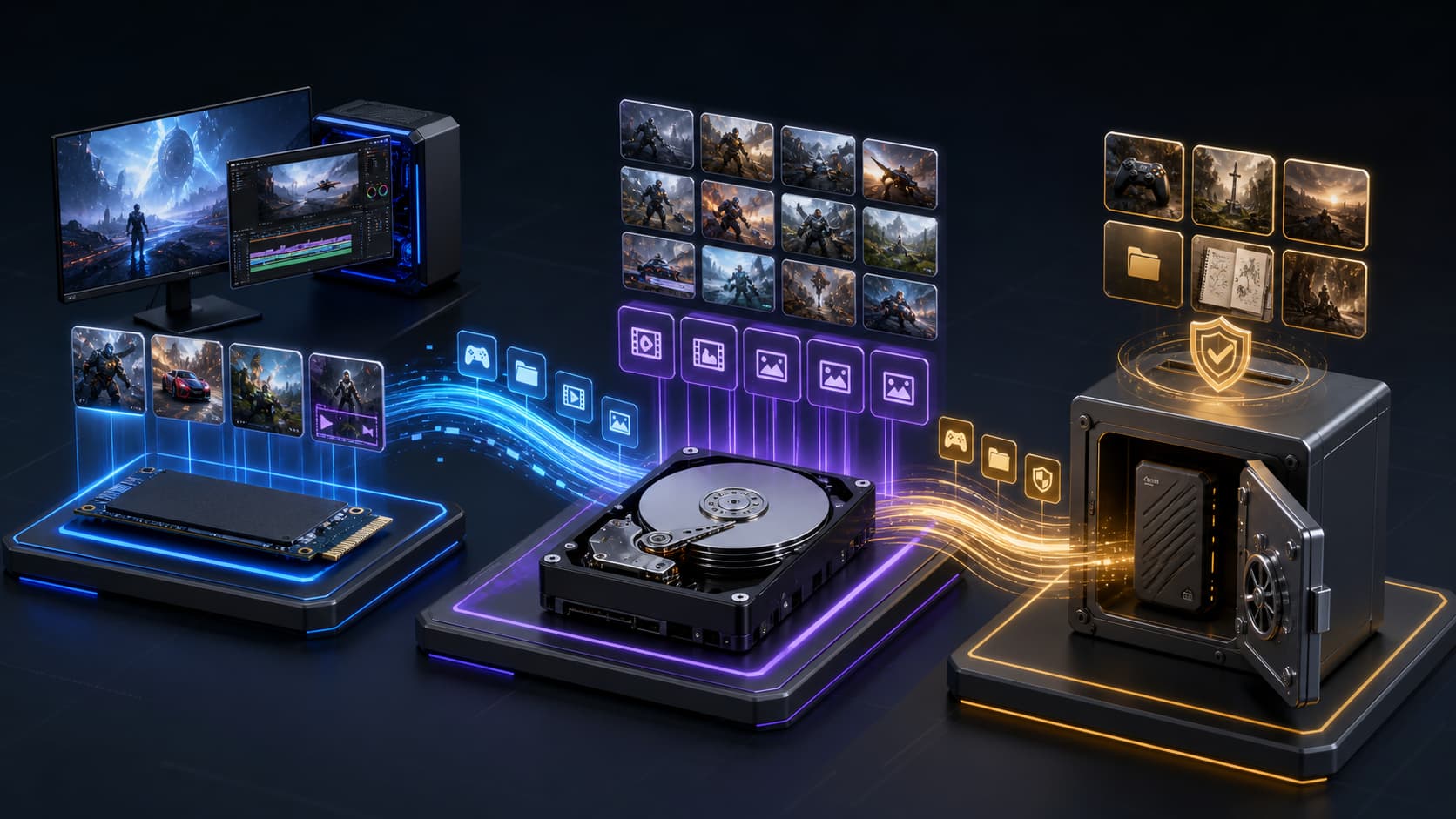 A game hybrid storage solution consisting of SSD, HDD and independent backup