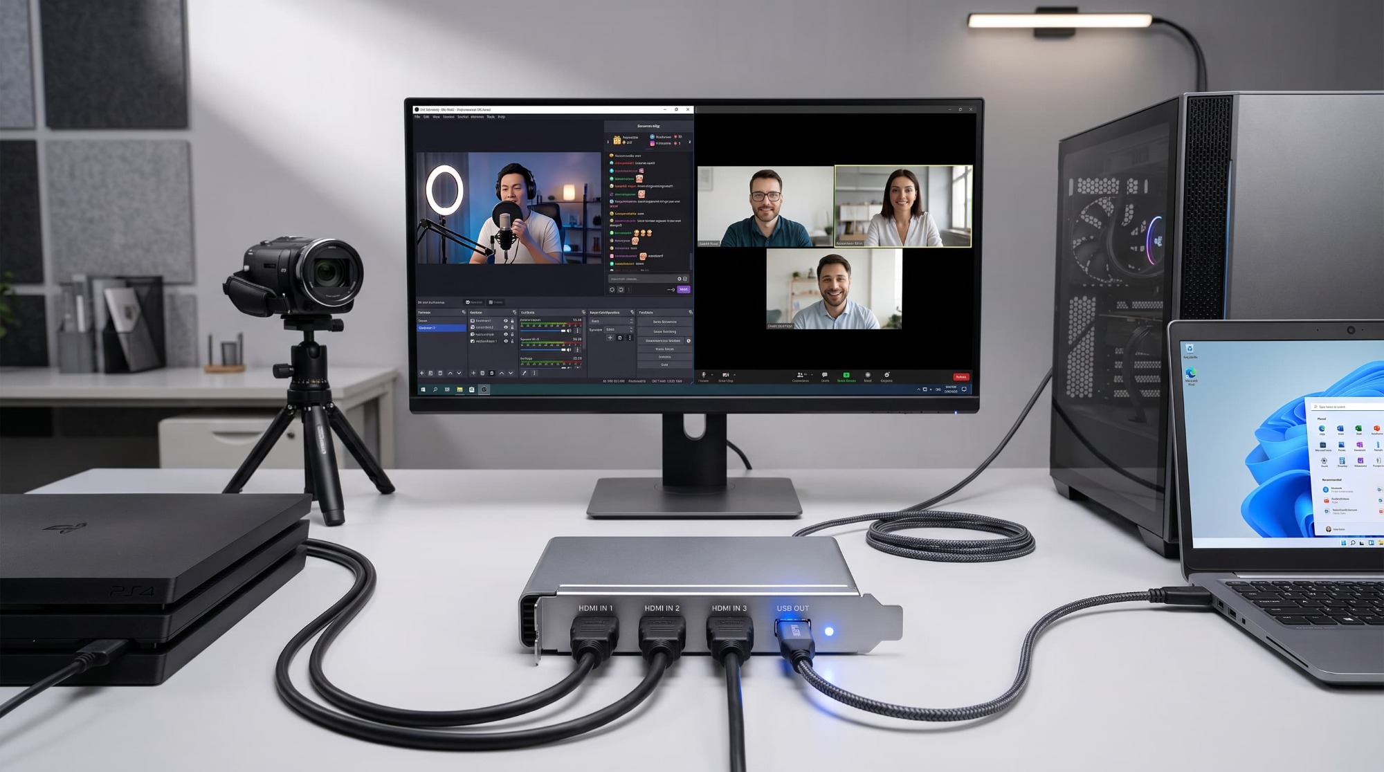 Capture card connected to a camera, console and streaming computer