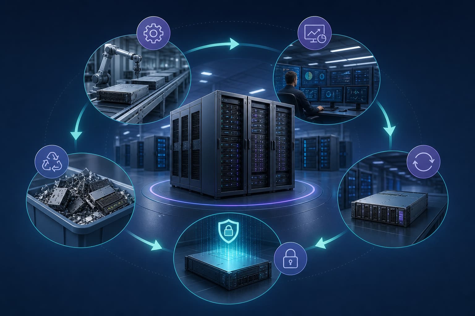 Schematic of the data center storage lifecycle, illustrating the processes of equipment manufacturing, deployment and operation, downgrading and reuse, data erasure, and compliant recycling