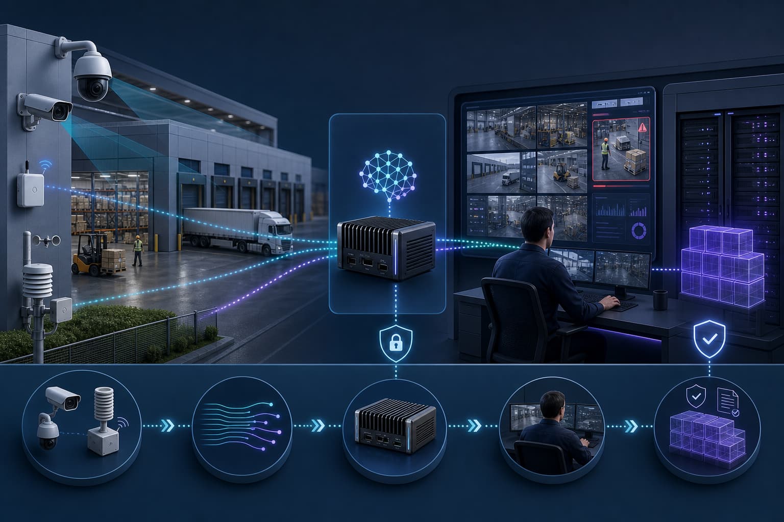 AI intelligent security system data flow diagram, showing the stages of video capture, AI event analysis, manual review and evidence storage