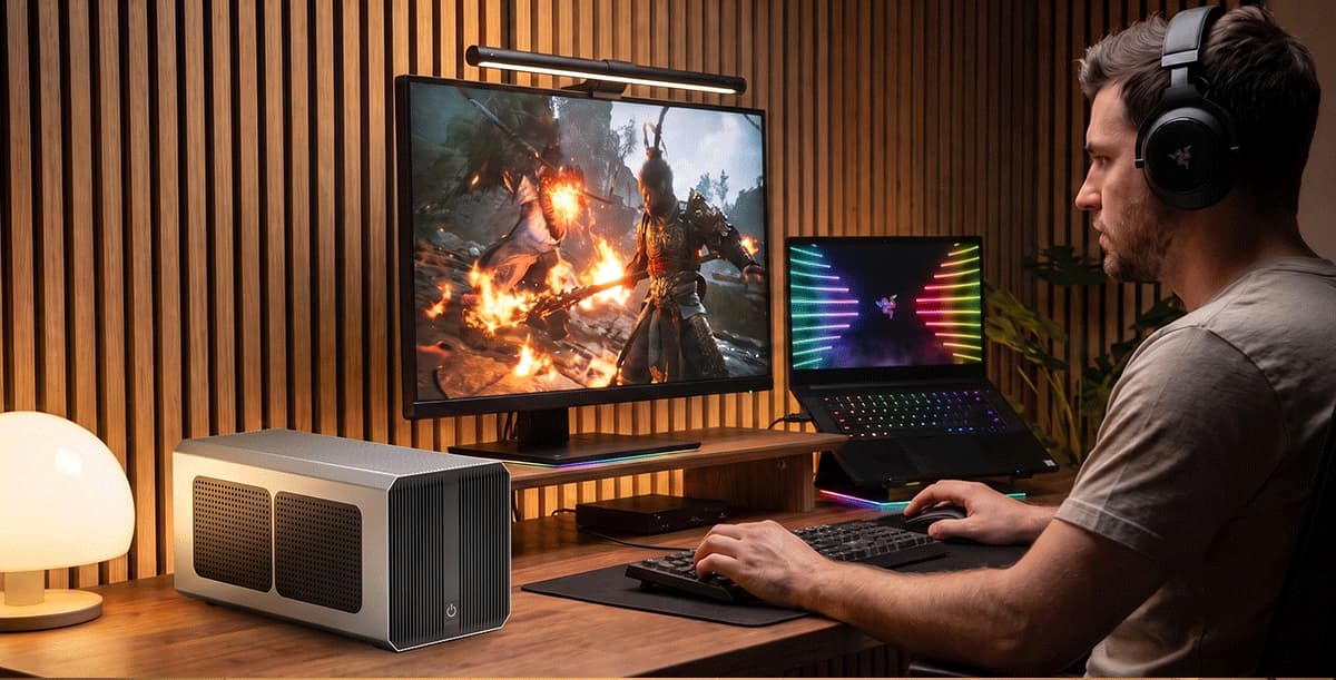 eGPU docking station paired with a slim business laptop