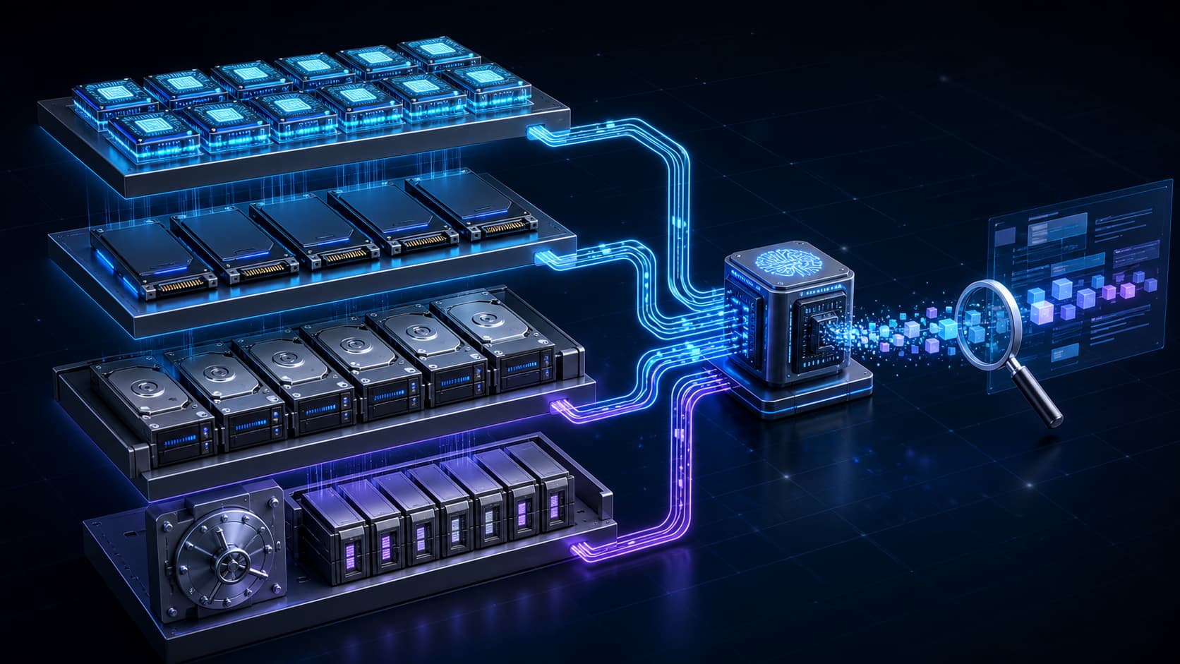 Memory, SSD, high-capacity storage, and backup tiering architecture for AI workflows