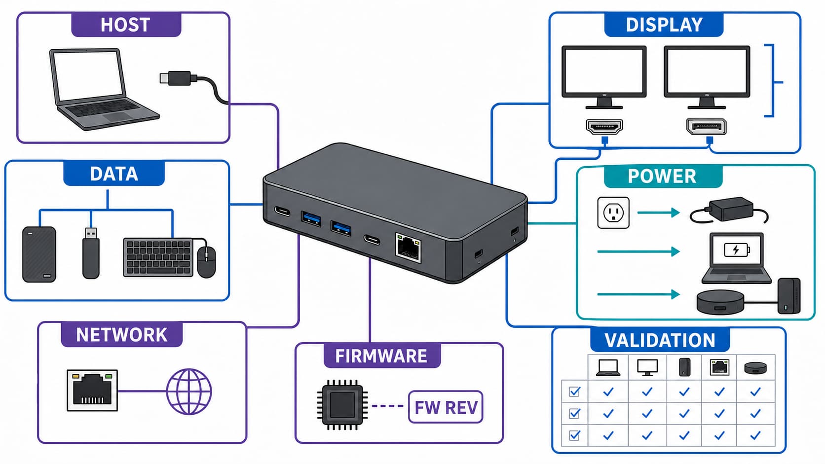 USB-C docking station specification map covering host, display, power, data, network, firmware, and validation