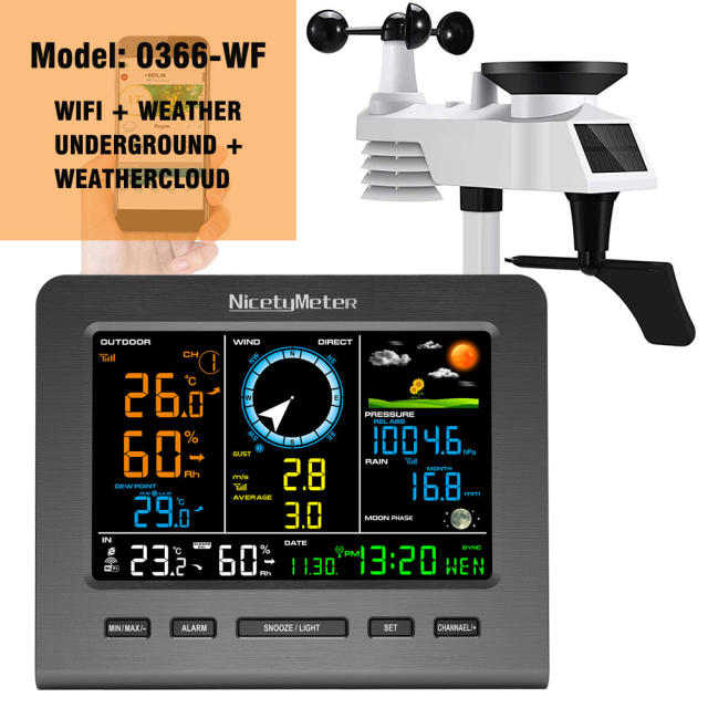 NicetyMeter 0366 Internet Wireless Weather Station Weather Forecast Temperature Pressure Humidity Wind Gauge Rain Gauge Moon Phrase Alarm Clock