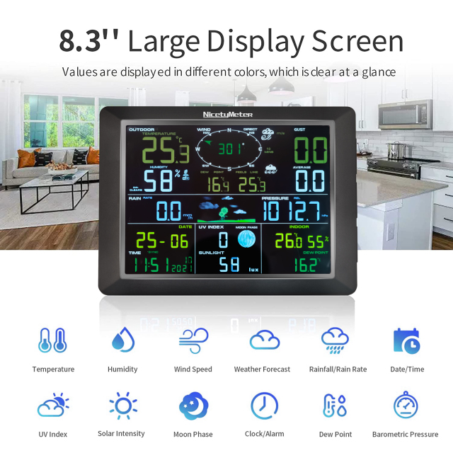 Nicetymeter Wireless Weather Station - 10Large Display Indoor Outdoor –