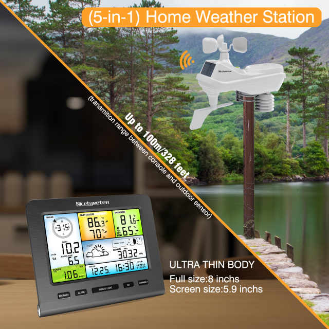 NicetyNeter (0360A) 5-in-1 Indoor Outdoor Wireless Weather Station LED Color Console Forecast Temperature Humidity Wind Speed Rain Gauge Alarm Clock