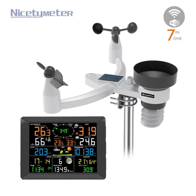 NicetyMeter 7-in-1 Weather Station Indoor Outdoor Temperature Humidity Wind Speed Direction Rain UV Wireless Color Console Forecast Data