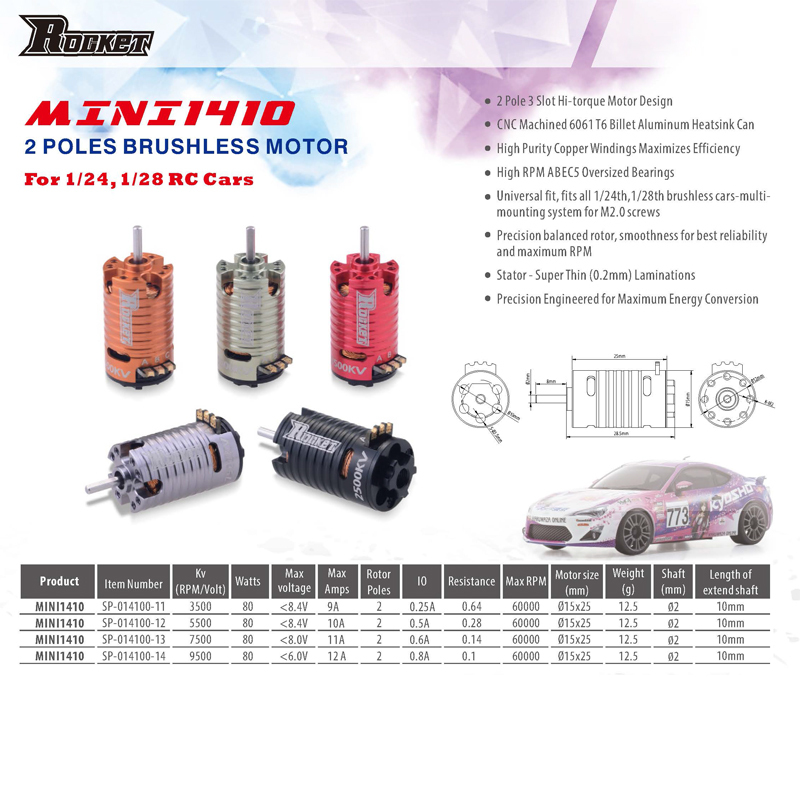 SURPASS HOBBY ROCKET 1410 Brushless Motor MINI-Z Mini  Car Motor (2500KV/3500KV/5500KV/7500KV/9500KV)  for 1/24 1/28 1/32 RC Car