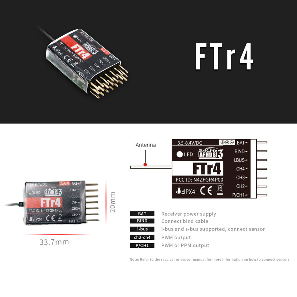 Flysky FTR4 Receiver 2.4 GHz 4CH AFHDS 3 RC Receiver for NB4 PL18 RC Q5H5 FTr4
