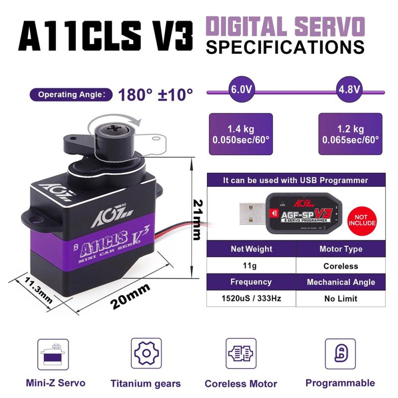 AGFrc A11CLS V3 Programmable 9g Upgrade Metal Case 0.050sec High Speed High Torque Digital 1.4KG Servo For Mini-Z RC Track Car #A11CLS V3