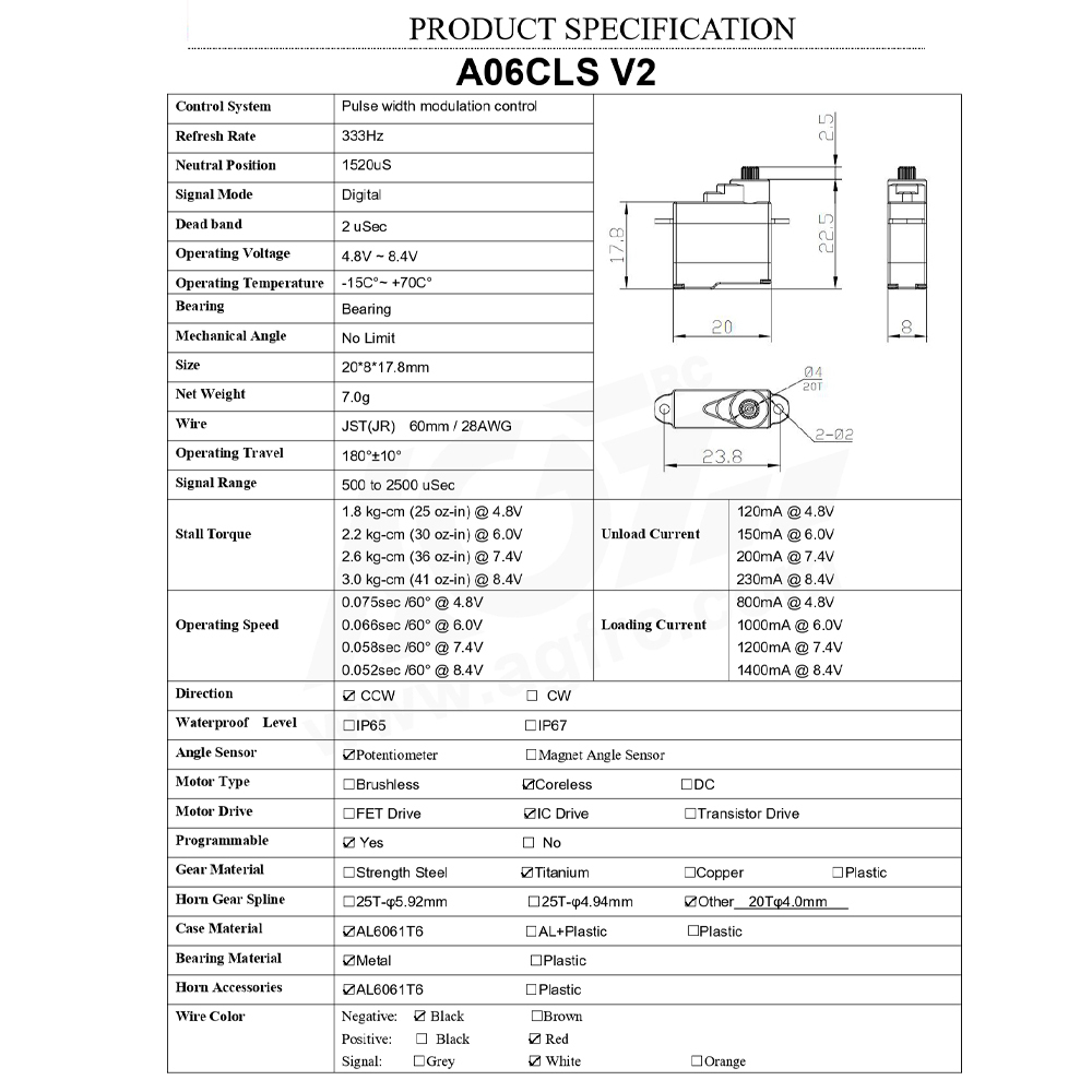AGFRC A06CLS V2 Aluminum Case 20T High Precision 3KG 0.052Sec MG 7g Micro Digital Servo for Mini Size Airplane Car A06CLS V2 (20T)