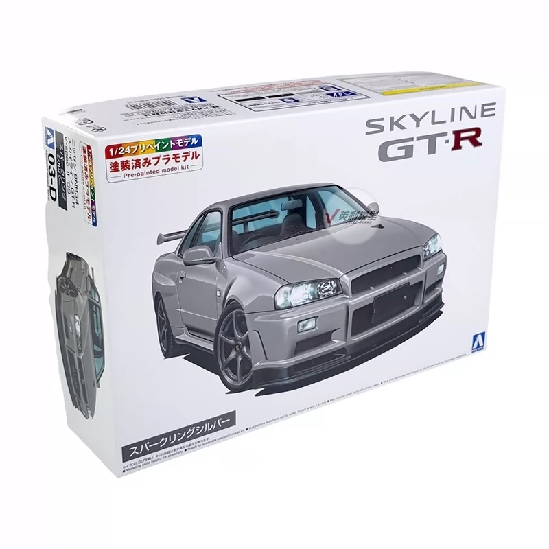 AOSHIMA 1/24 R34 Skyline GT-R V Spec II Bright Silver Pre-painted Model