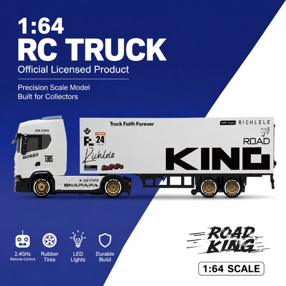 WenNanFeng 1:64 RC Truck Road King with LED Lights, 2.4GHz Remote Control RubberDurable Scale Model Gift for Kids  Adults