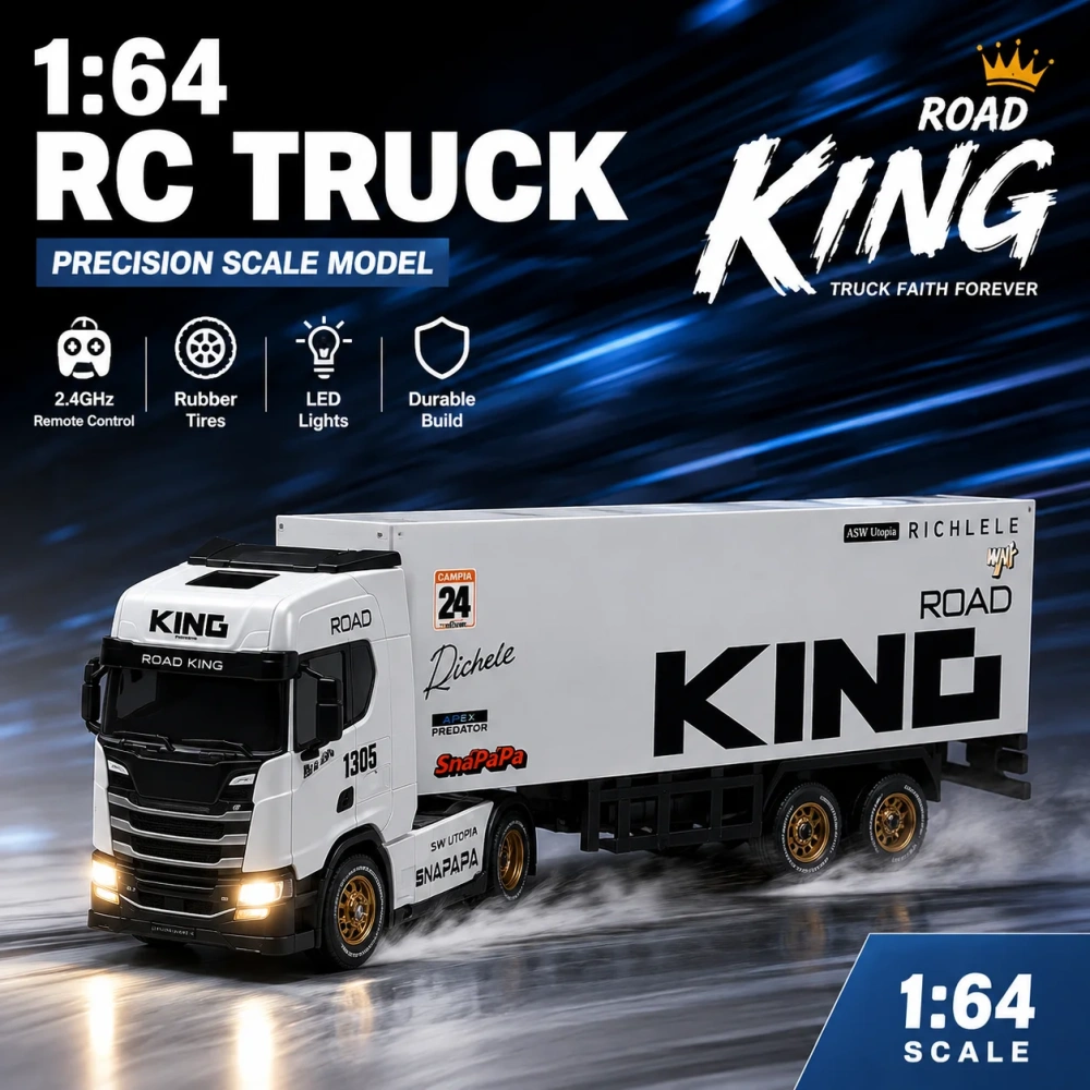 WenNanFeng 1:64 RC Truck Road King with LED Lights, 2.4GHz Remote Control RubberDurable Scale Model Gift for Kids  Adults
