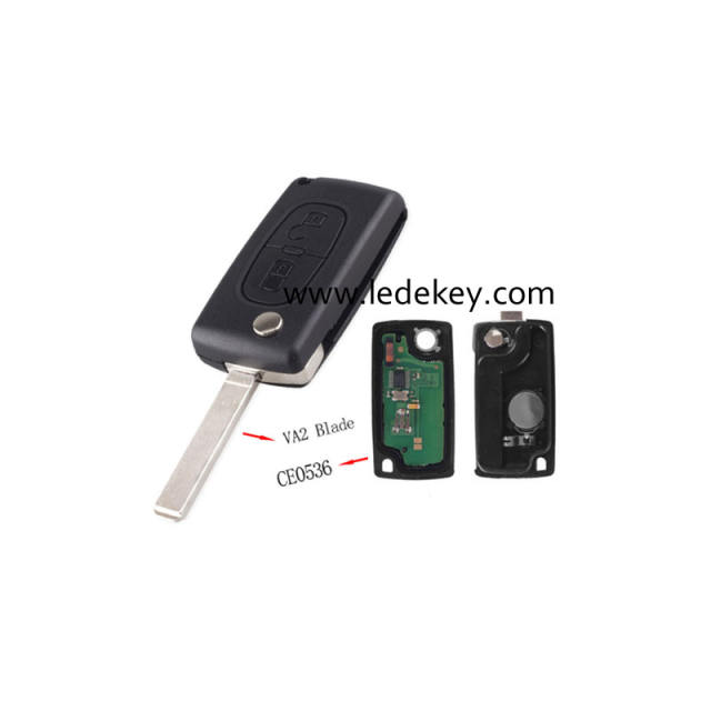 CE0536 FSK  Peugeot 2 button flip remote key with 307/VA2 blade 433Mhz ID46&7961 Chip (  for cars after 2011)