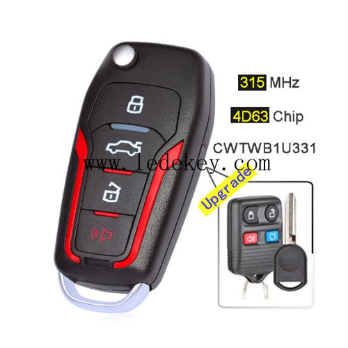 for Ford 4 Button Upgraded Flip Remote Key Fob 315MHz  4D63 Chip FCCID: CWTWB1U331