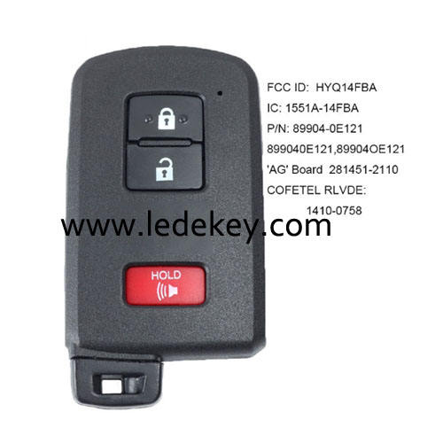 3buttons remote key For TOYOTA PRIUS TACOMA 8A Chip 312 314mhz  FCC ID:  HYQ14FBA IC: 1551A-14FBA COFETEL RLVDE1410-0758 'AG' Board  281451-2110