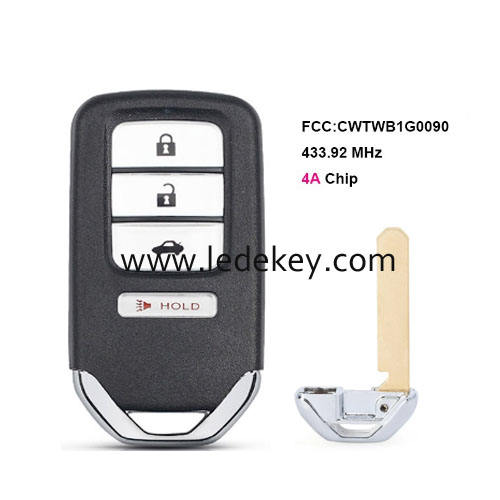 4 button Honda remote key 433MHz 4A chip (FCC ID : CWTWB1G0090) for 2018-2021 Honda Accord