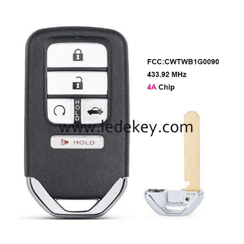 5 button Honda remote key 433MHz 4A chip (FCC ID : CWTWB1G0090) for 2018-2021 Honda Accord
