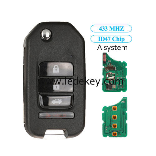 3+1 button Honda remote key with 433MHz  ID47chip ( A system) For Honda Greiz Civic City CRV XRV Vezel