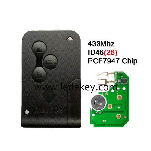 Ren-ault Megane 3 button remote key with 433Mhz ID46 PCF7947/PCF7926 Chip with logo