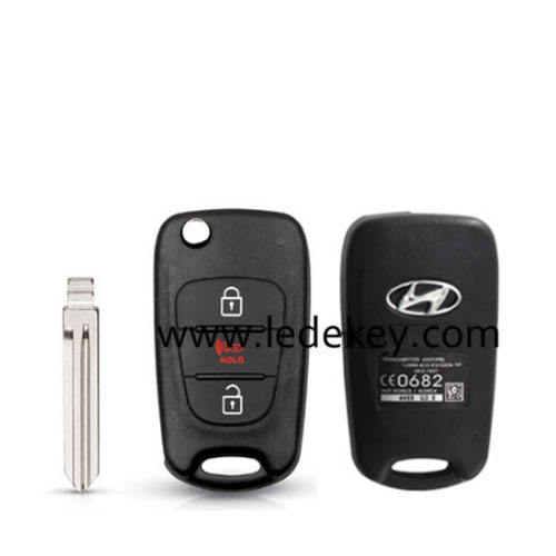Hyundai 3 button flip key shell with speaker button and hold words Right blade