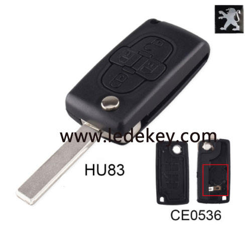 Peugeot 4 button remote key blank ( 407/HU83 Blade  - With battery place )