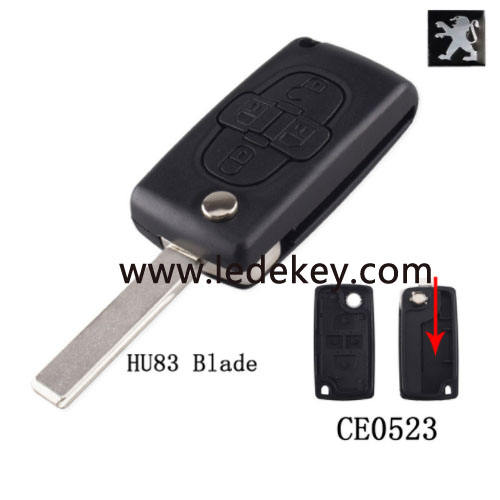 Peugeot 4 button remote key blank  ( 407/HU83 Blade  - No battery place )