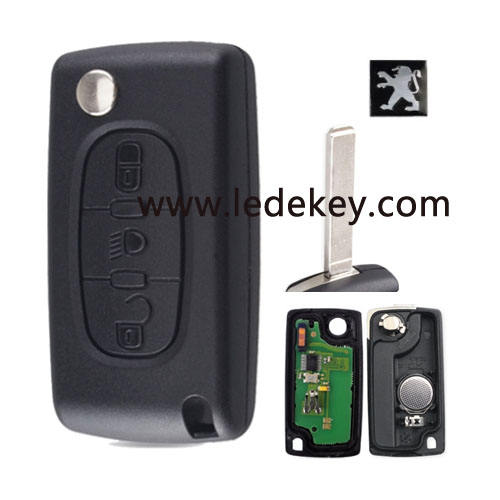 CE0536 FSK Peugeot 3 button flip remote key with 307/VA2 blade (LED Light button)  433Mhz ID46&7961 Chip(for cars after 2011)