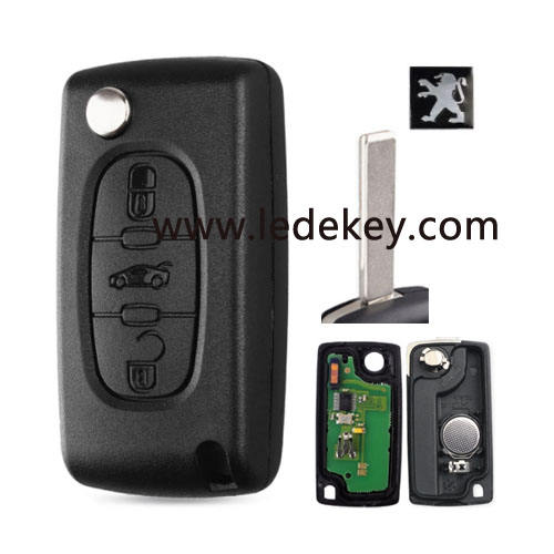 CE0536 FSK Peugeot 3 button flip remote key with 407/HU83 blade ( trunk middle button) 433Mhz ID46&7961 Chip (for cars after 2011)