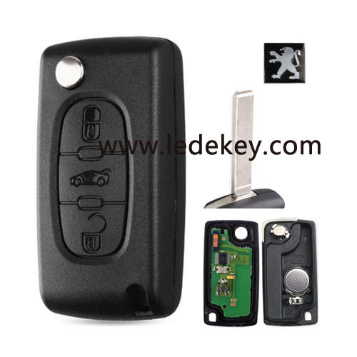 CE0536 FSK Peugeot 3 button flip remote key with 307/VA2 blade (trunk middle button) 433Mhz  ID46&7961 Chip (  for cars after 2011)