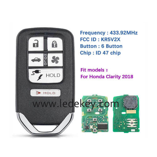 6 button Honda smart key 433MHz ID47 chip (FCC ID : KR5V2X)  For Honda Clality 2018 CONTINENTAL: A2C98676600