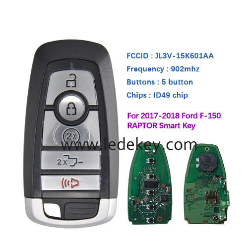 5 button Ford smart key 902MHz ID49 chip (FCC ID : JL3V-15K601AA) for 2017-2018 Ford F-150 RAPTOR Smart Key