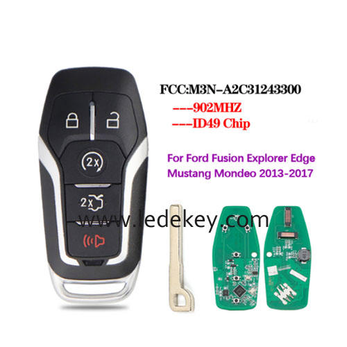 5 button Ford smart key 902MHz ID49 chip (FCC ID : M3N-A2C31243300) For Ford Edge Explorer Fusion Mustang 2013-2017