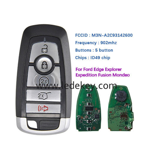 5 button Ford smart key 902MHz ID49 chip (FCC ID : M3N-A2C93142600) for Ford Edge Explorer Fusion Mondeo