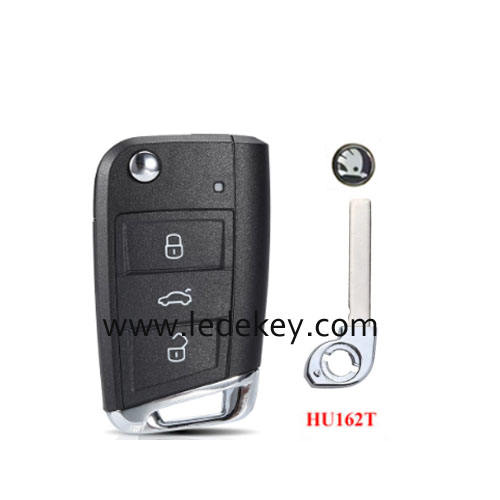 Skoda 3 button flip remote key shell with HU162T blade