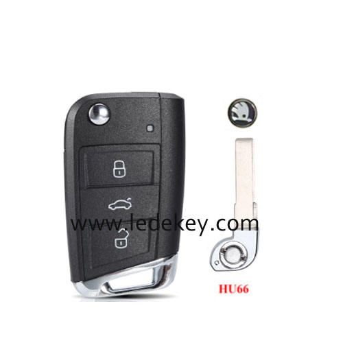 Skoda 3 button flip remote key shell with HU66 blade