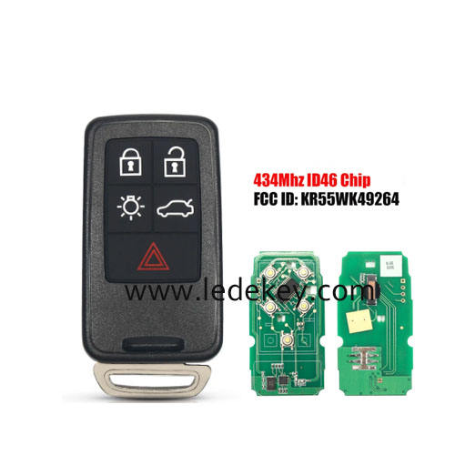 Volvo 5 button smart key card Keyless Entry（Half  Smart） with 433Mhz ID46 chip FCC ID :KR55WK49264