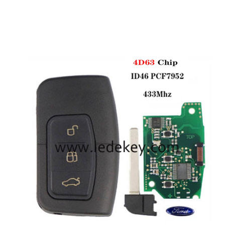 Ford 3 button keyless go remote key 433Mhz ASK ID46-PCF7952 4D63 chip(FCC:3M5T-15K601-DC)  For C-Max Focus Mondeo Kuga 
