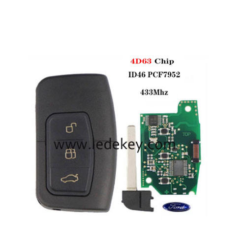 Ford 3 button keyless go remote key 433Mhz ASK ID46-PCF7952 4D63 chip(FCC:3M5T-15K601-DC/DB)  For C-Max Focus Mondeo Kuga 