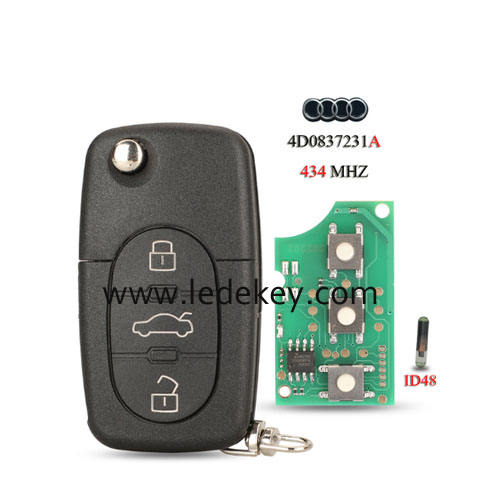 Audi 3 button remote key with 433Mhz ID48 chip FCC ID : 4D0837231A