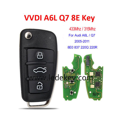 VVDI Audi Q7/A6L remote key 315/433Mhz with 8E chip(can change 315mhz to 433mhz) for Audi A6L/ Q7 2005-2011 8E0837220Q / 8E0837220R