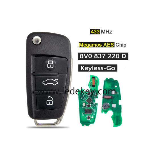 Keyless Go MQB Audi 3 button remote key with 433Mhz Megamos AES chip P/N: 8V0837220D for Audi A3 S3 2013-2018