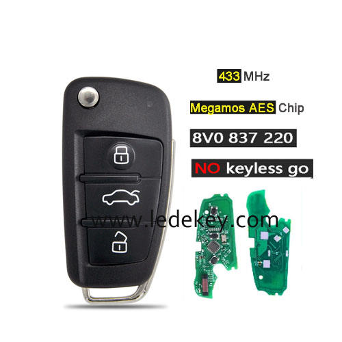 Non-Keyless MQB Audi 3 button remote key with 433Mhz Megamos AES chip P/N: 8V0837220 for Audi A3 S3 2012-2019