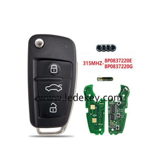 Audi 3 button remote key with 315Mhz ID48 chip FCC ID : 8P0837220E 8P0837220G For Audi A3 S3 A4 S4 TT