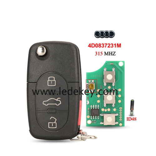 Audi 3+1 button remote key with 315Mhz ID48 chip FCC ID : 4D0837231M