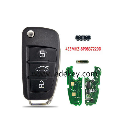 Audi 3 button remote key with 433Mhz ID48 chip FCC ID : 8P0837220D For Audi A3 S3 A4 S4 TT