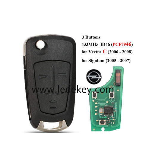 Opel 3 Button Flip Remote Key  with 433MHZ  ID46&7946 Chip for For opel Vectra C（2006-2008,Signium (2005-2007)