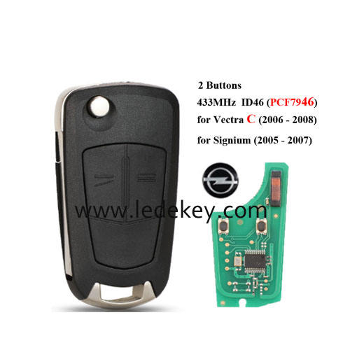 Opel 2 Button Flip Remote Key  with 433MHZ  ID46&7946 Chip for For opel Vectra C（2006-2008,Signium (2005-2007)
